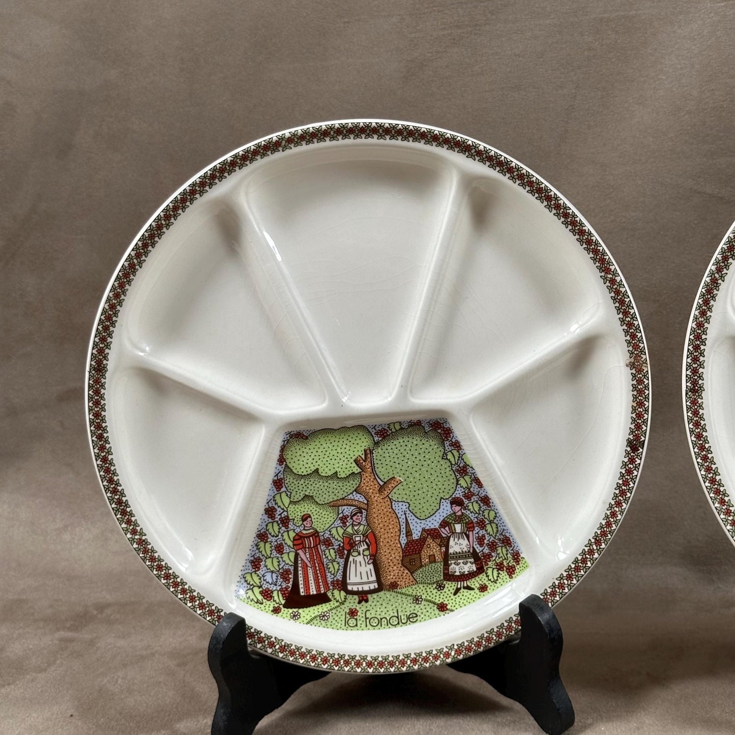 Set de 2 assiettes à fondue faience vintage GIEN modèle Sarrasine Marie-Pierre Boitard Made in France 1970