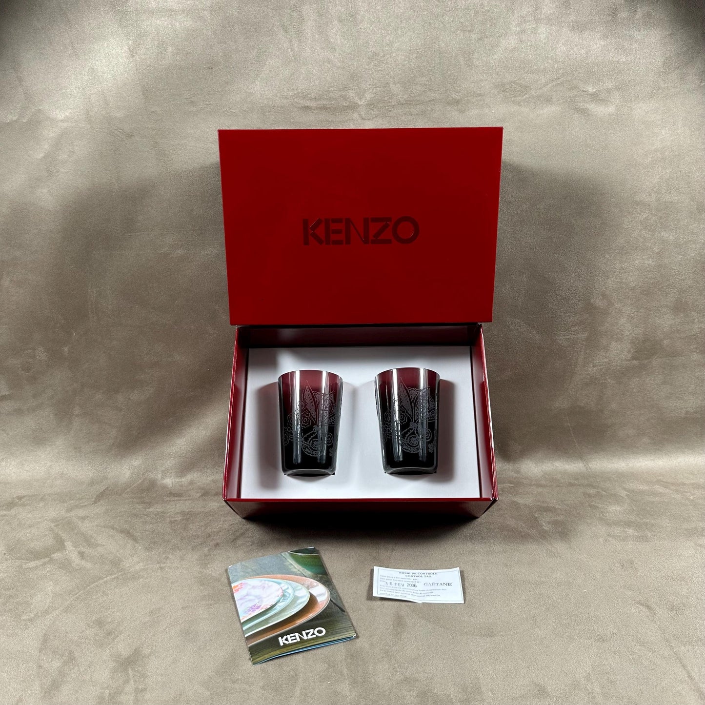 VERY RARE Magnificent box of 2 glasses engraved KENZO model Akiko purple mauve vintage Made in France