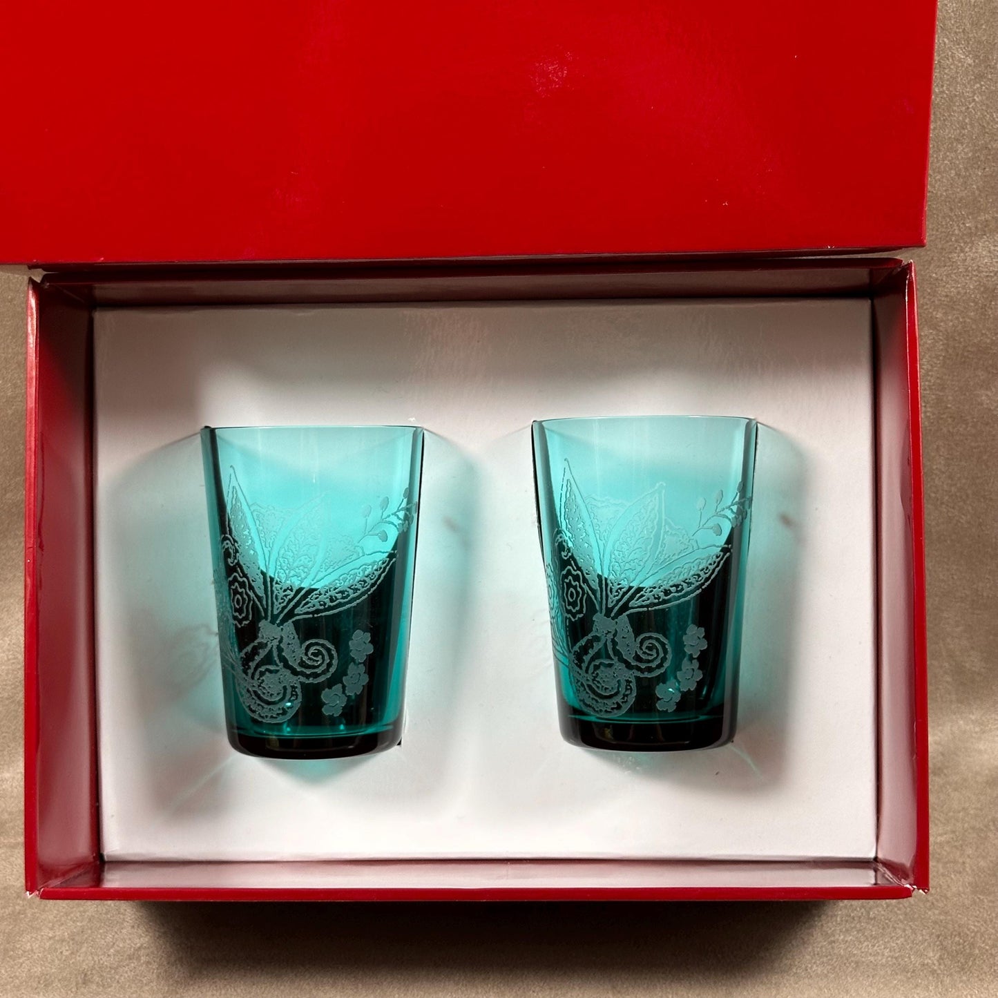 VERY RARE Magnificent box of 2 engraved KENZO glasses, Akiko model, vintage blue Made in France