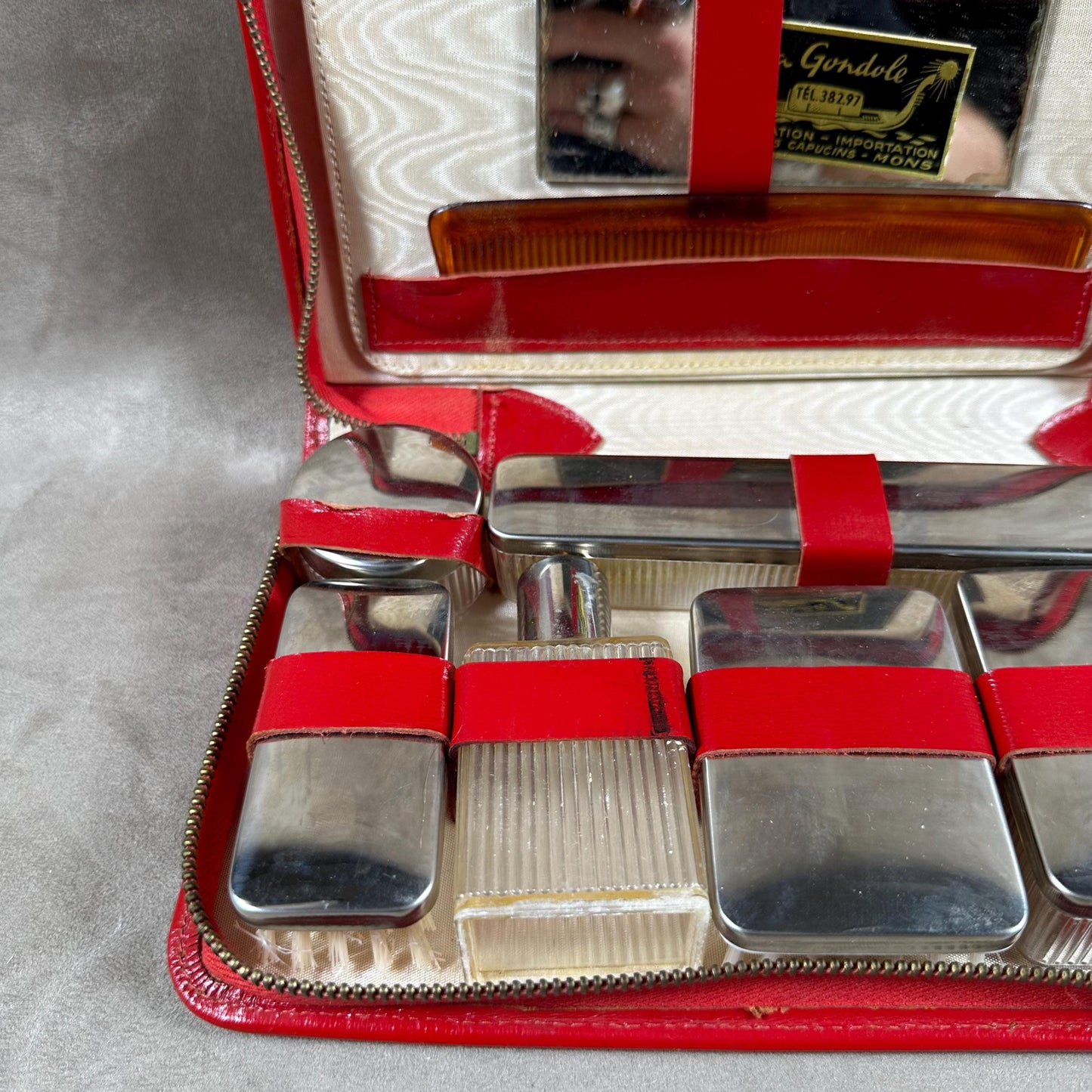 Vintage red leather vanity case Made in France 1960s