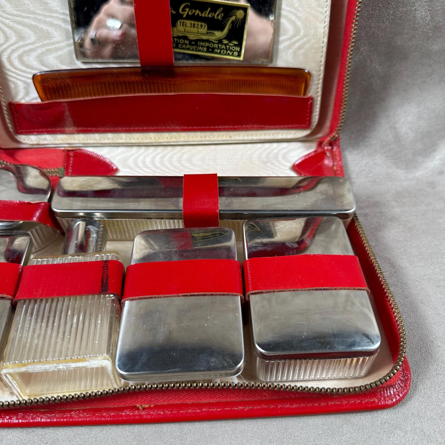 Vintage red leather vanity case Made in France 1960s