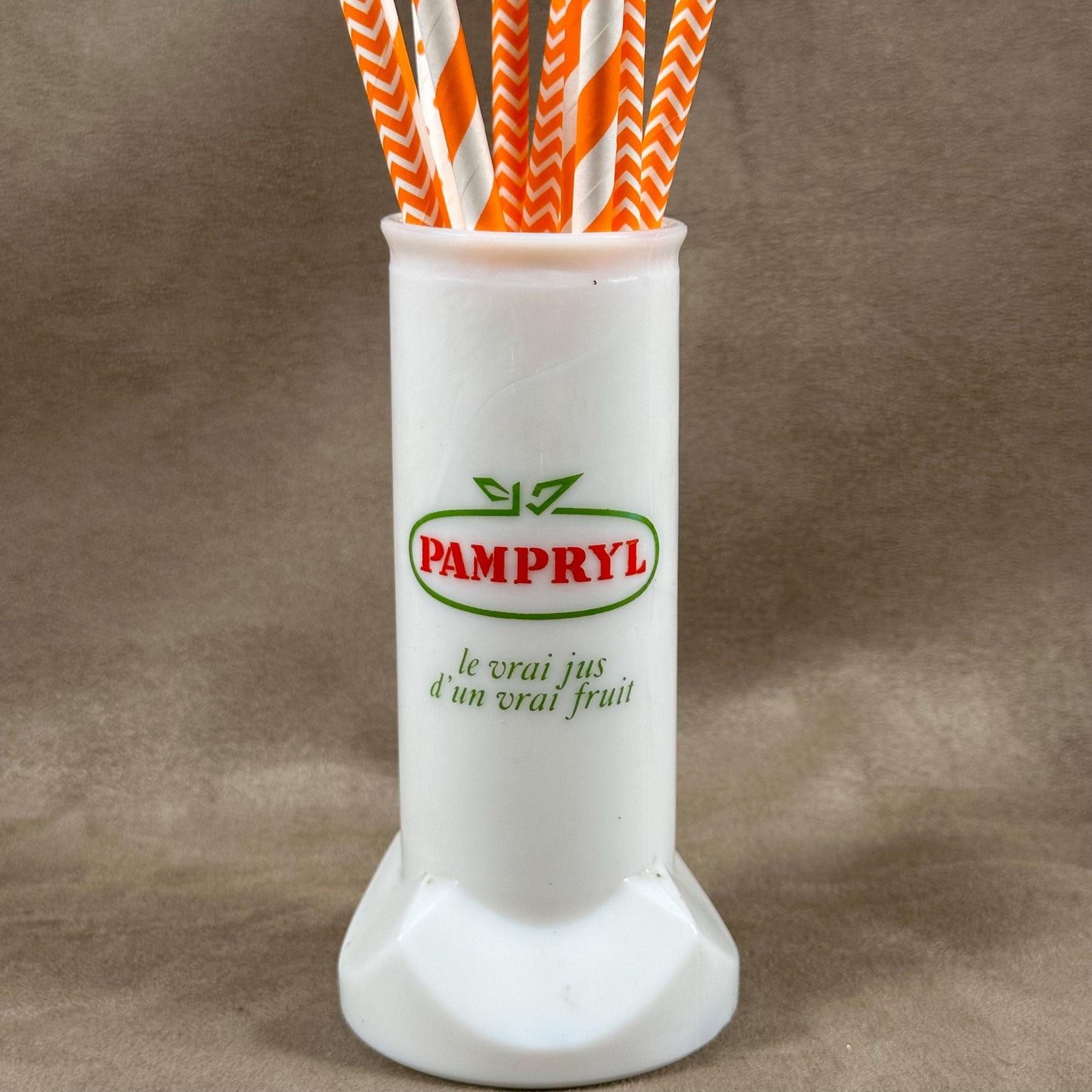 Pampryl Vintage advertising opaline glass straw holder Made in France 1960