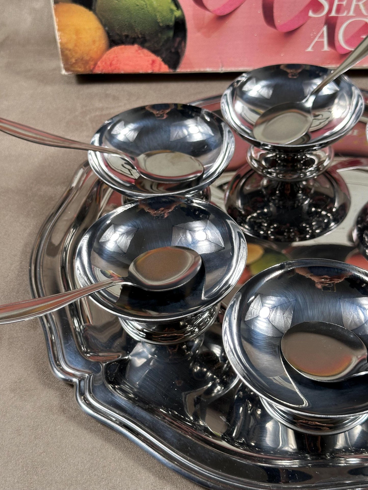 Set of 6 ice cream cups with 6 spoons and tray in 18/10 stainless steel vintage Made in France