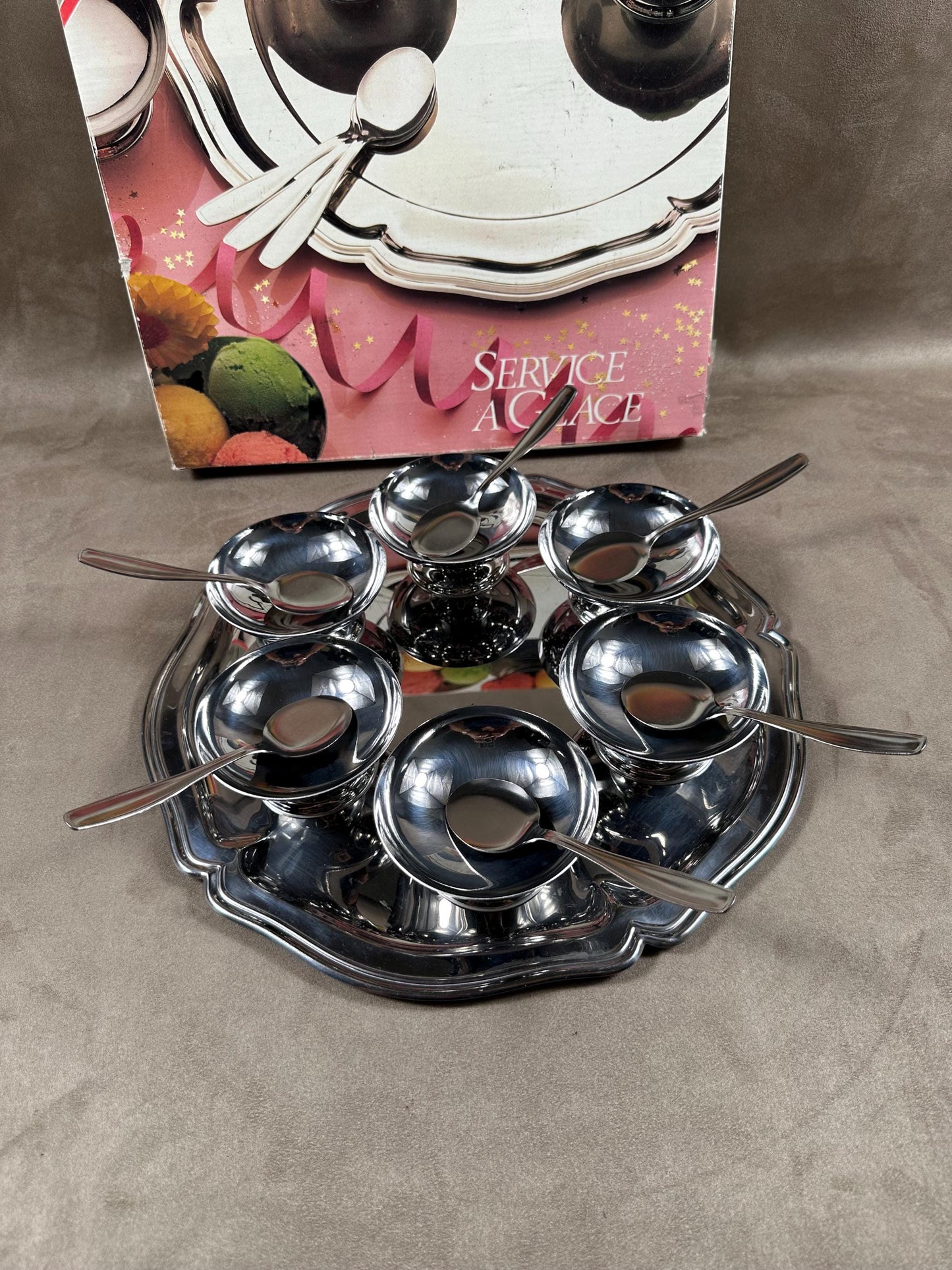 Set of 6 ice cream cups with 6 spoons and tray in 18/10 stainless steel vintage Made in France