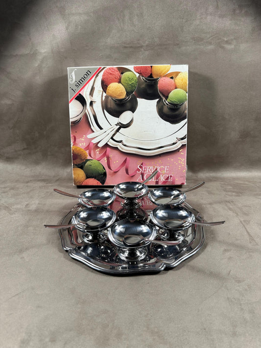 Set of 6 ice cream cups with 6 spoons and tray in 18/10 stainless steel vintage Made in France