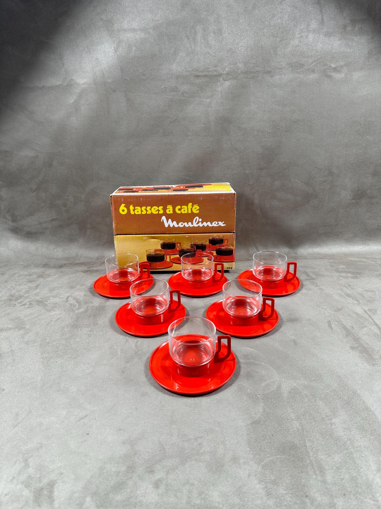 Set of 6 Moulinex coffee cups in glass and red plastic with original vintage box Made in France