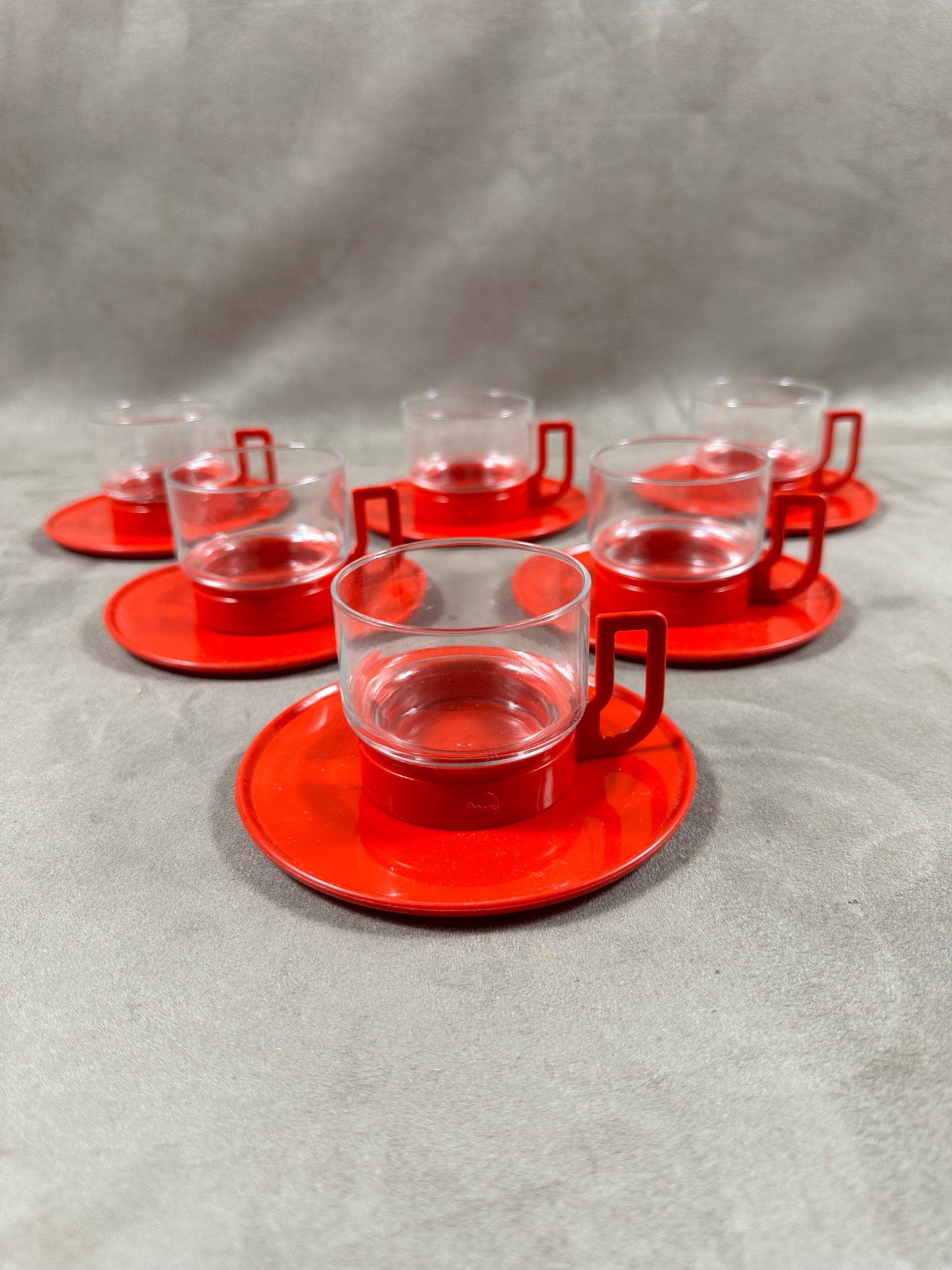 Set of 6 Moulinex coffee cups in glass and red plastic with original vintage box Made in France