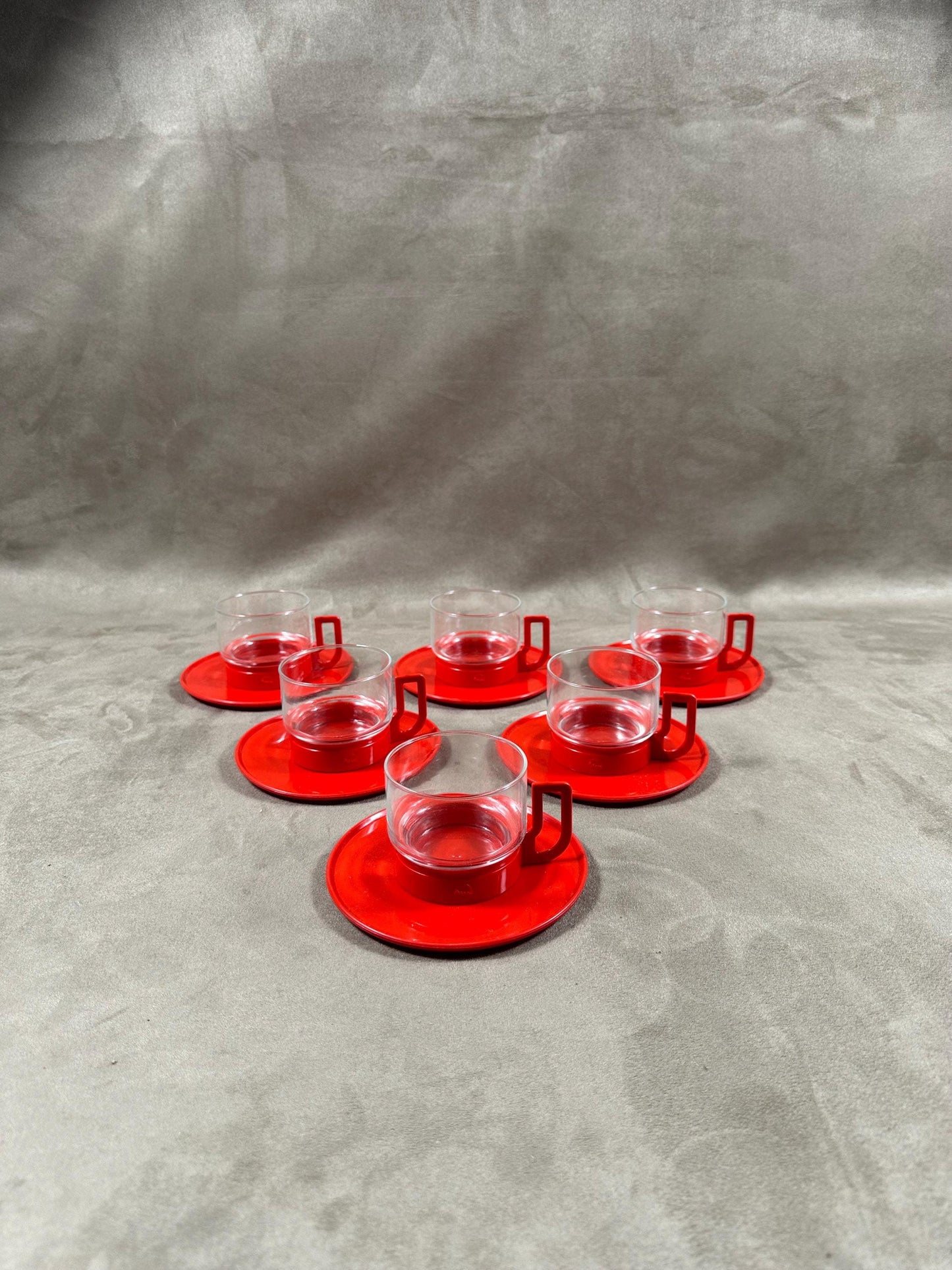 Set of 6 Moulinex coffee cups in glass and red plastic with original vintage box Made in France