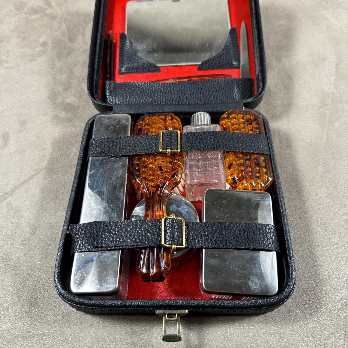 Vintage black leather vanity toiletry bag Made in France 1960s