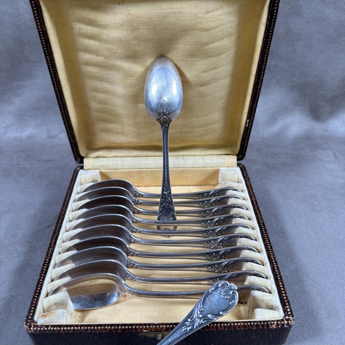 RARE Set of 12 small CHRISTOFLE spoons in silver metal in box Made in France