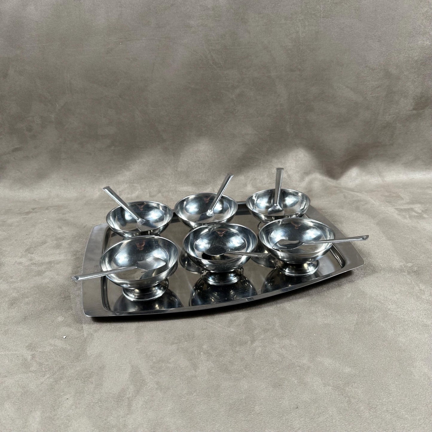 Set of 6 ice cream cups with 6 spoons and tray in 18/10 stainless steel vintage Made in France