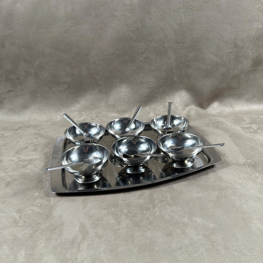 Set of 6 ice cream cups with 6 spoons and tray in 18/10 stainless steel vintage Made in France