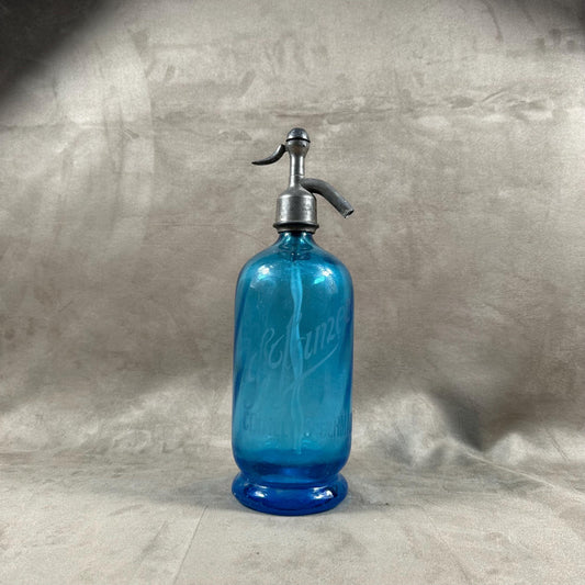 RARE Siphon à eau de seltz vintage en verre bleu Gazo-Siphon etain sans plomb  Made in France 1920