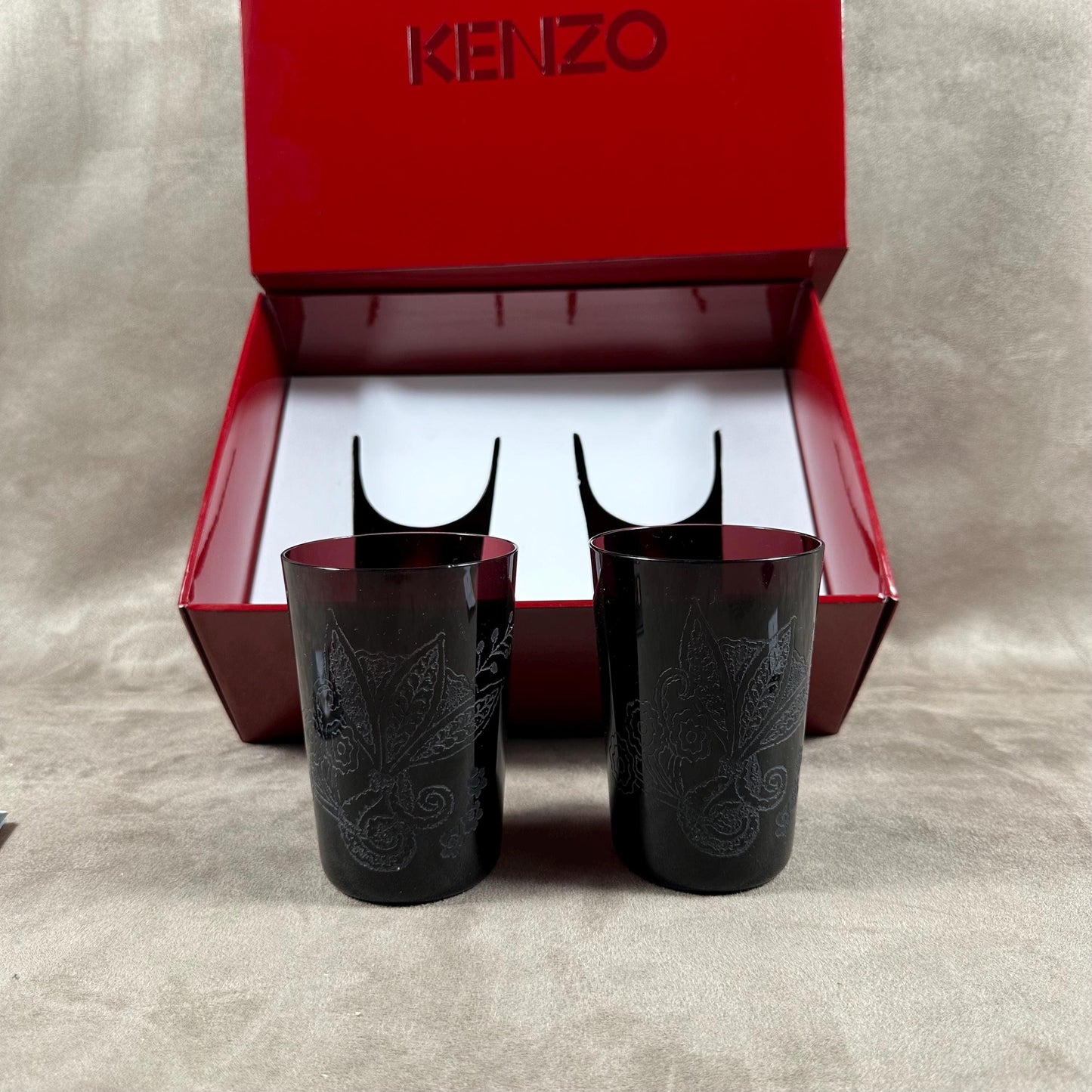 VERY RARE Magnificent box of 2 glasses engraved KENZO model Akiko purple mauve vintage Made in France