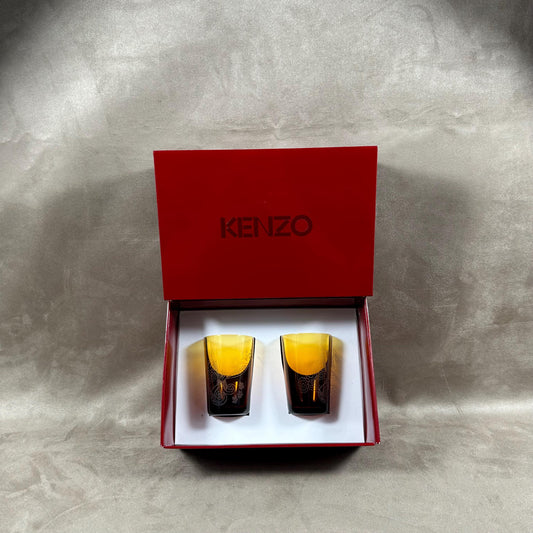 VERY RARE Magnificent box of 2 KENZO engraved glasses Akiko model yellow orange vintage Made in France