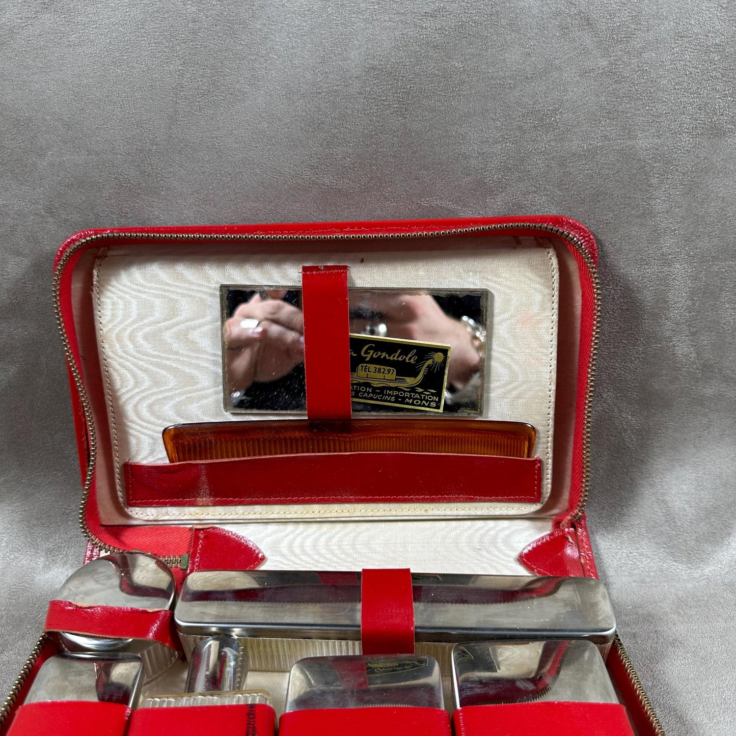 Vintage red leather vanity case Made in France 1960s