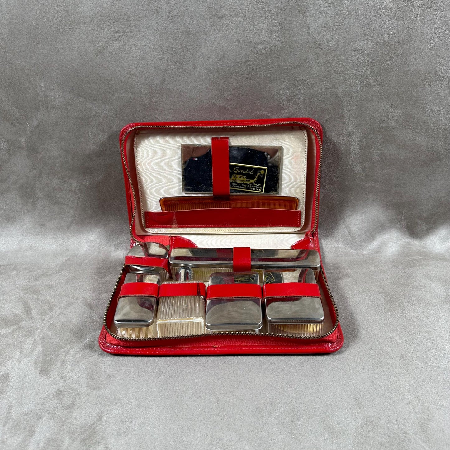 Vintage red leather vanity case Made in France 1960s