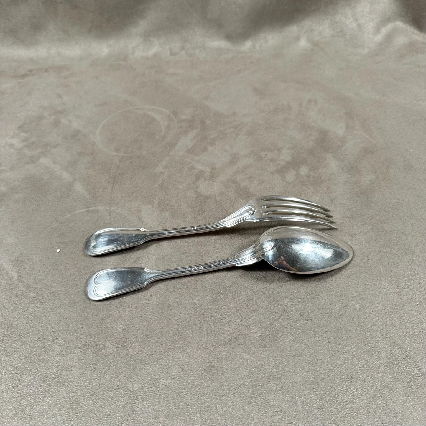 Set of 2 cutlery including 1 fork and 1 soup spoon in vintage silver metal Ruolz Made in France