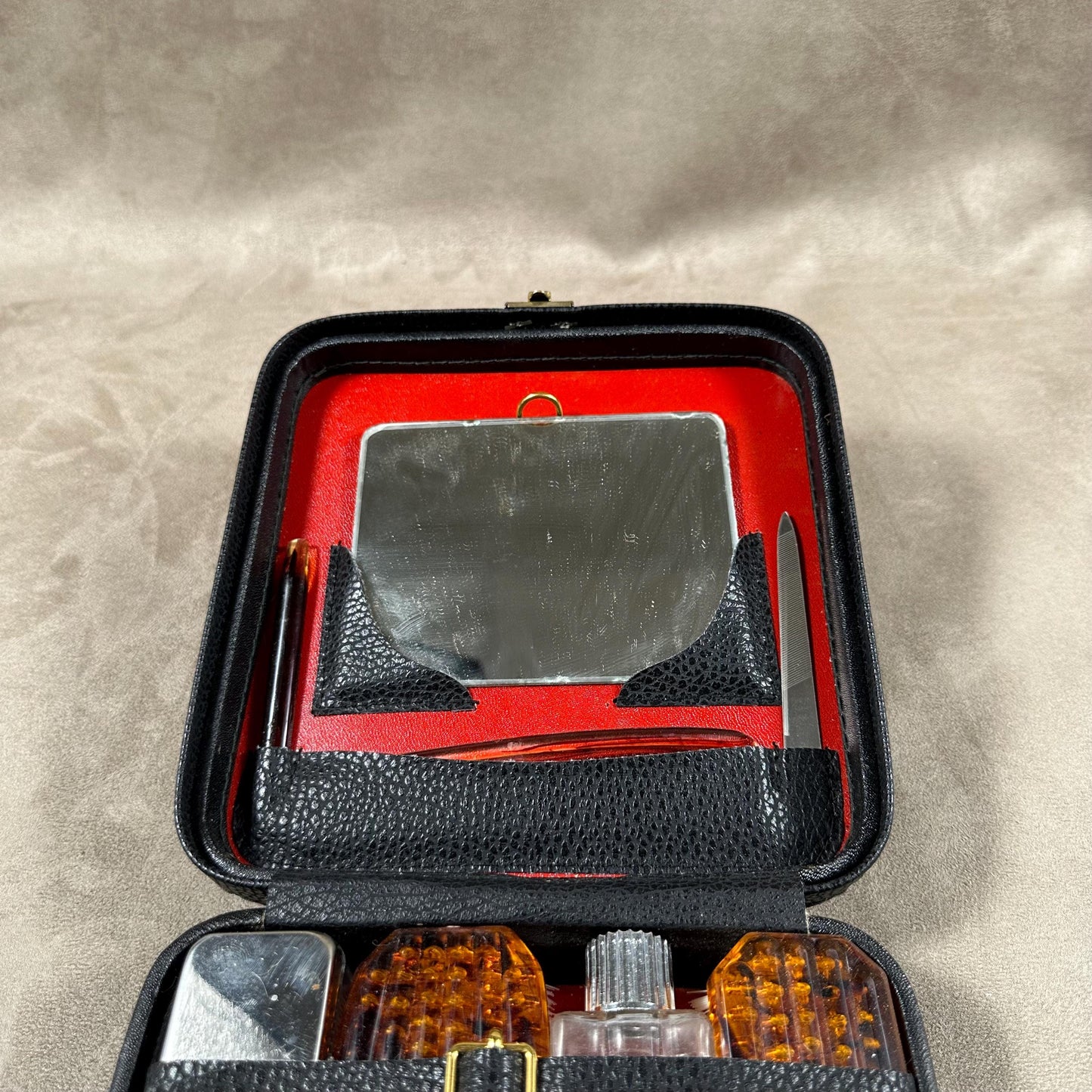 Vintage black leather vanity toiletry bag Made in France 1960s