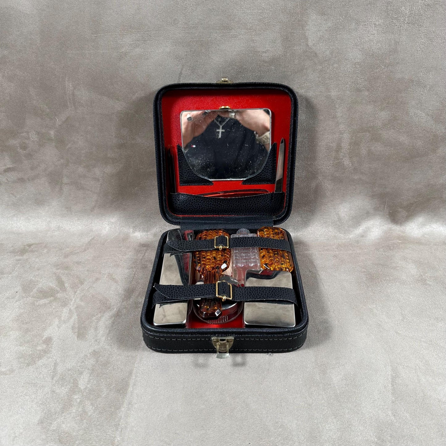 Vintage black leather vanity toiletry bag Made in France 1960s