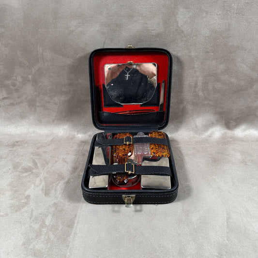 Vintage black leather vanity toiletry bag Made in France 1960s