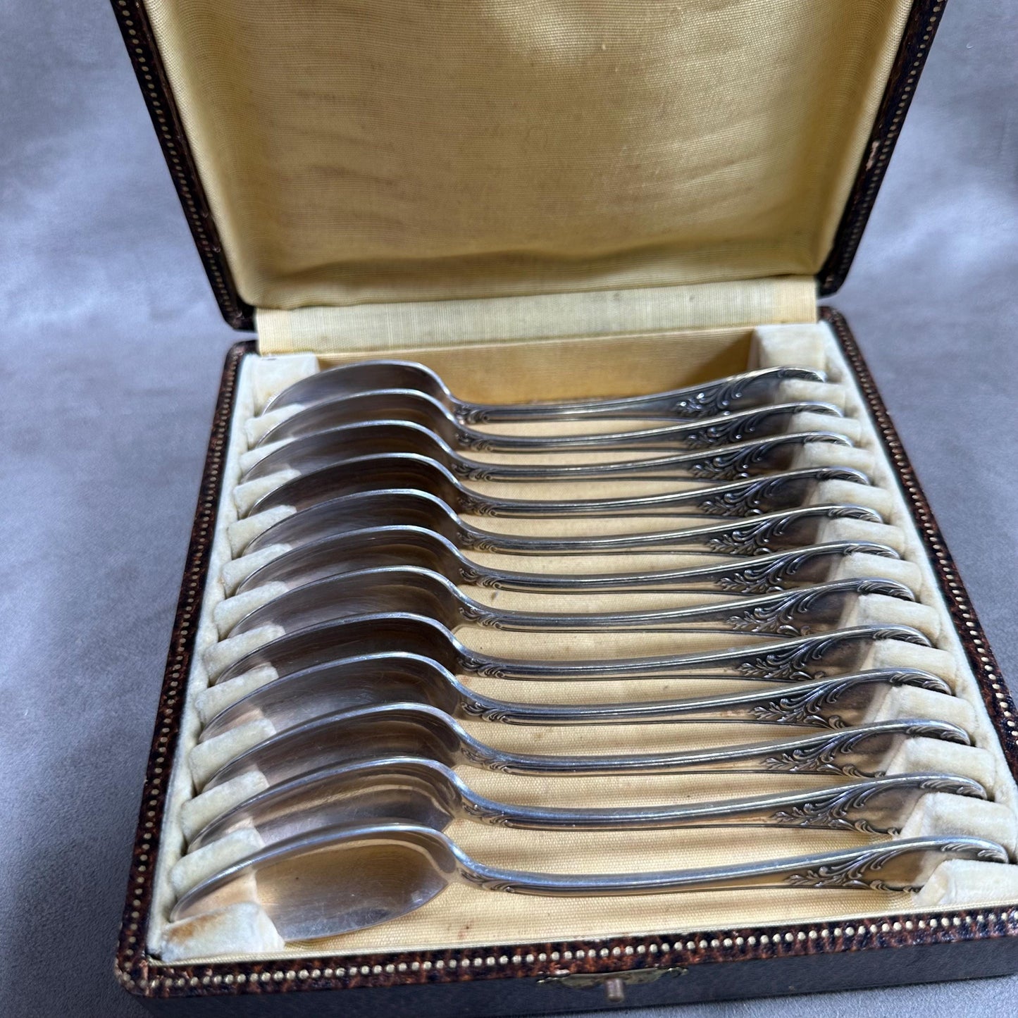 RARE Set of 12 small CHRISTOFLE spoons in silver metal in box Made in France