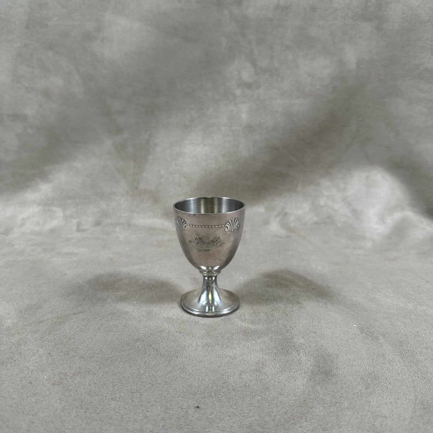 Silver metal egg cups engraved "Mireille" signed Alfenide Made in France 1960