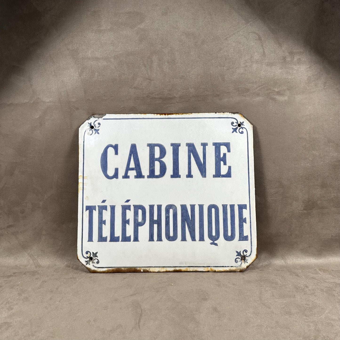 SELTENES Vintage-Emailleschild „Telefonzelle“ aus weiß und blau emailliertem Blech. Hergestellt in Frankreich 1900