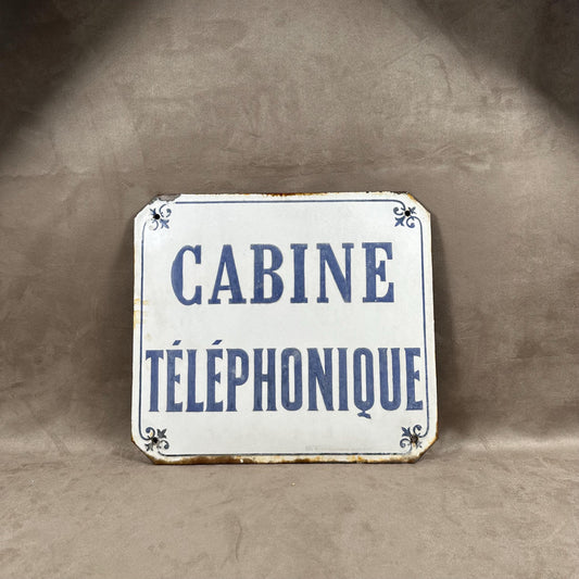 RARE Vintage enamelled sign "Telephone Booth" in white and blue enamelled sheet metal. Made in France 1900