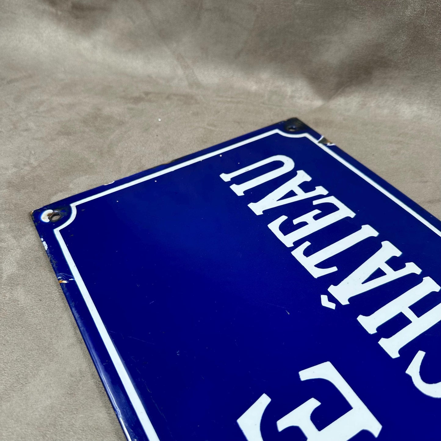 VERY RARE Vintage French town street sign "Rue du Vieux Château" in blue enameled sheet metal. Made in France 1900