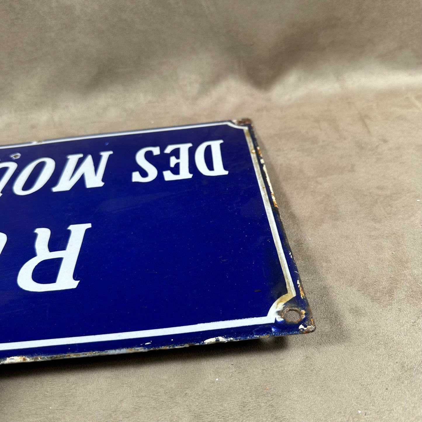 VERY RARE Vintage French town street sign "Rue des Moulins" in blue enameled sheet metal. Made in France 1900