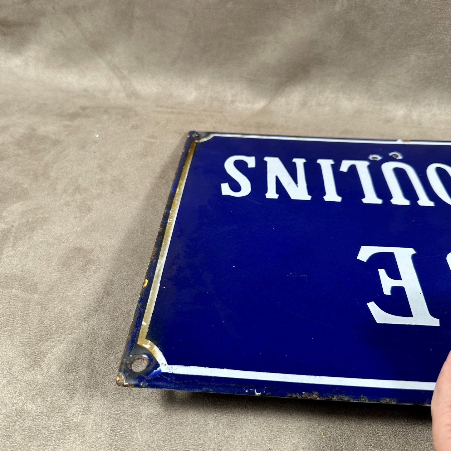 VERY RARE Vintage French town street sign "Rue des Moulins" in blue enameled sheet metal. Made in France 1900