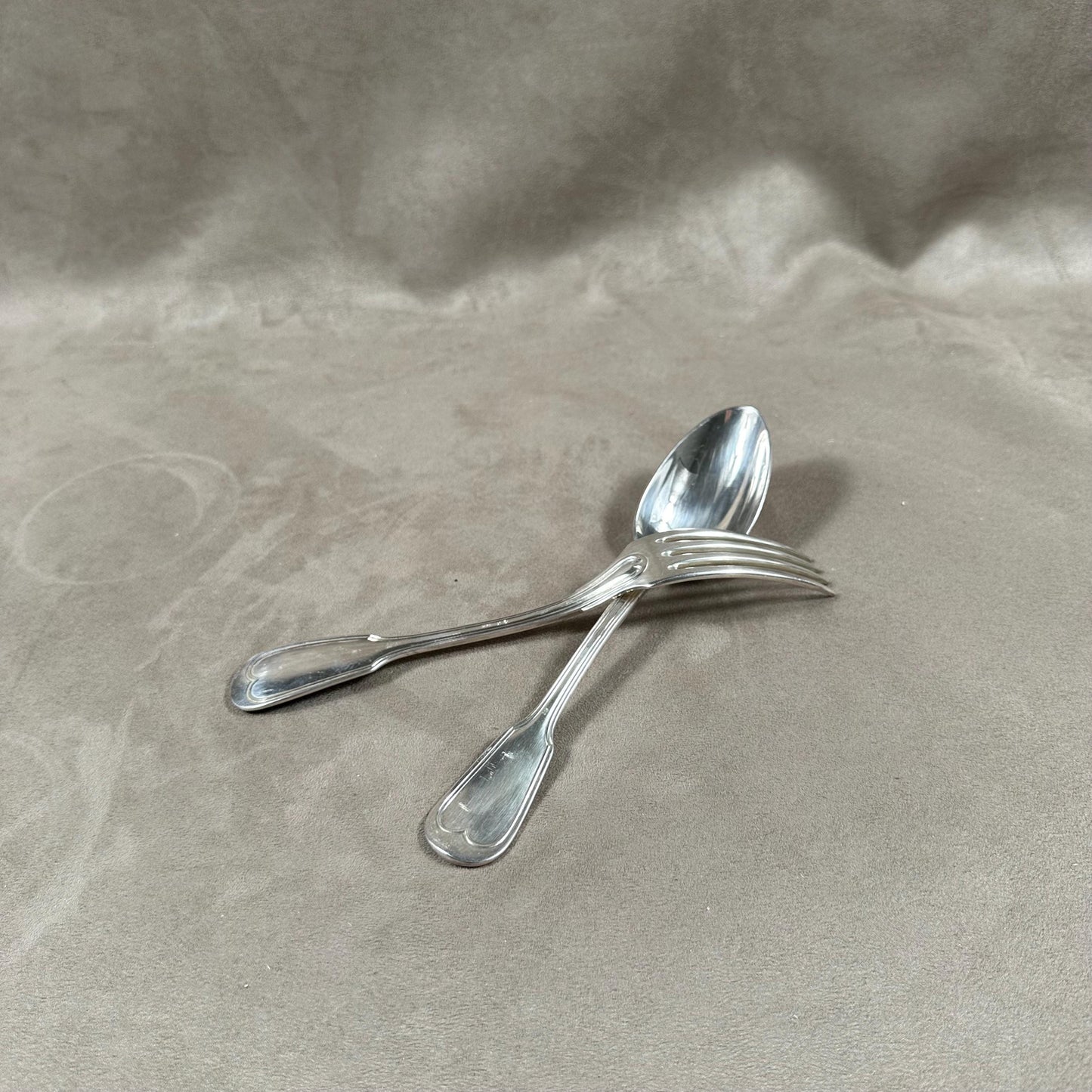 Set of 2 cutlery including 1 fork and 1 soup spoon in vintage silver metal Ruolz Made in France