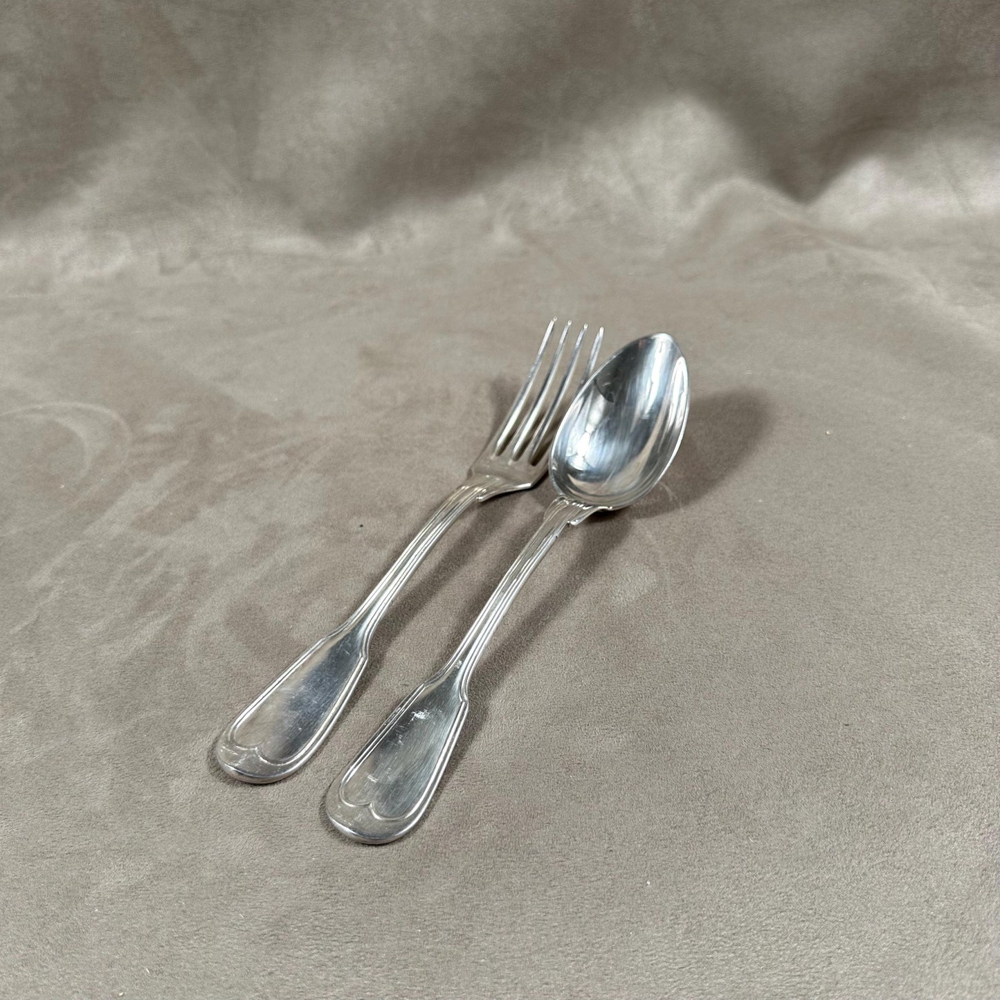 Set of 2 cutlery including 1 fork and 1 soup spoon in vintage silver metal Ruolz Made in France