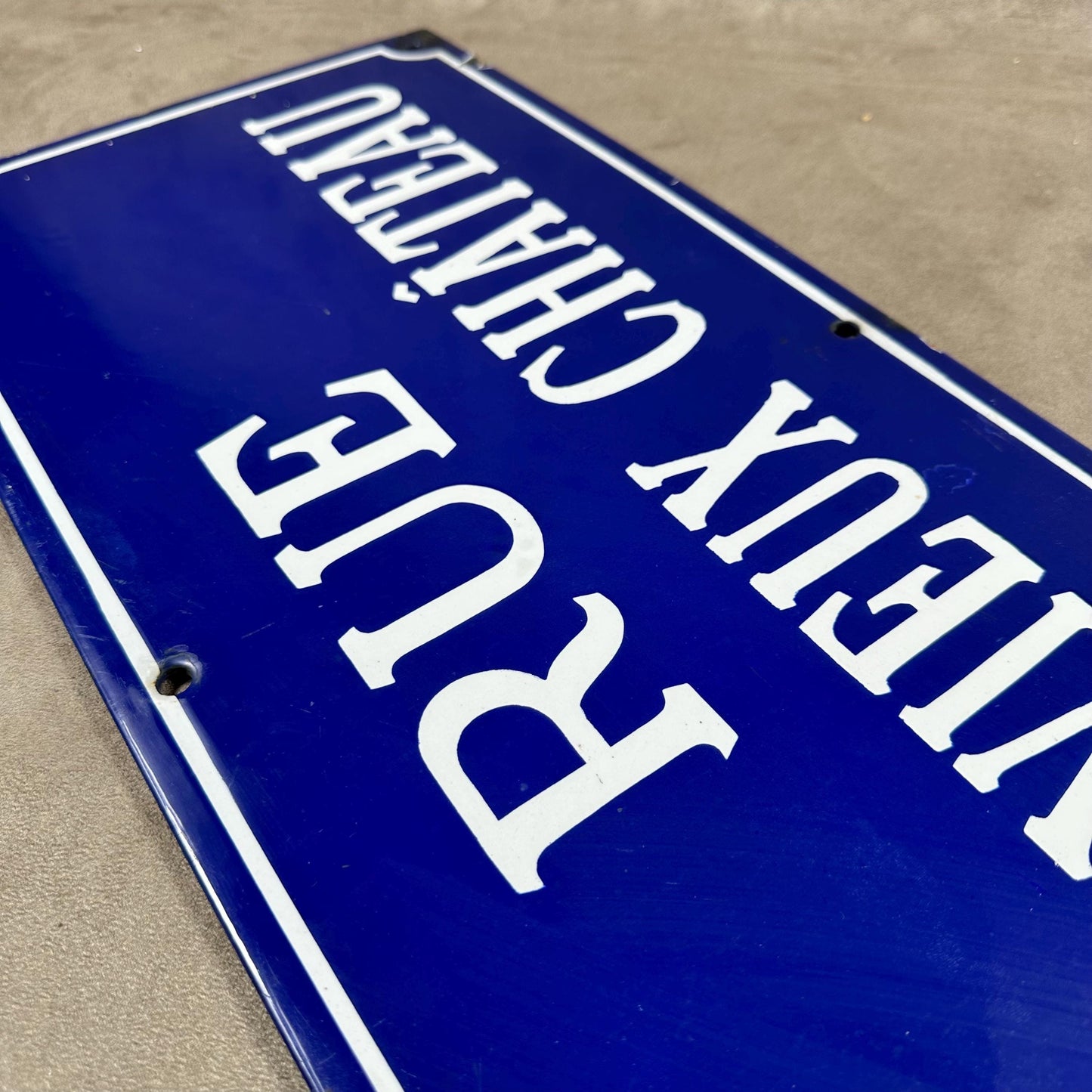 VERY RARE Vintage French town street sign "Rue du Vieux Château" in blue enameled sheet metal. Made in France 1900