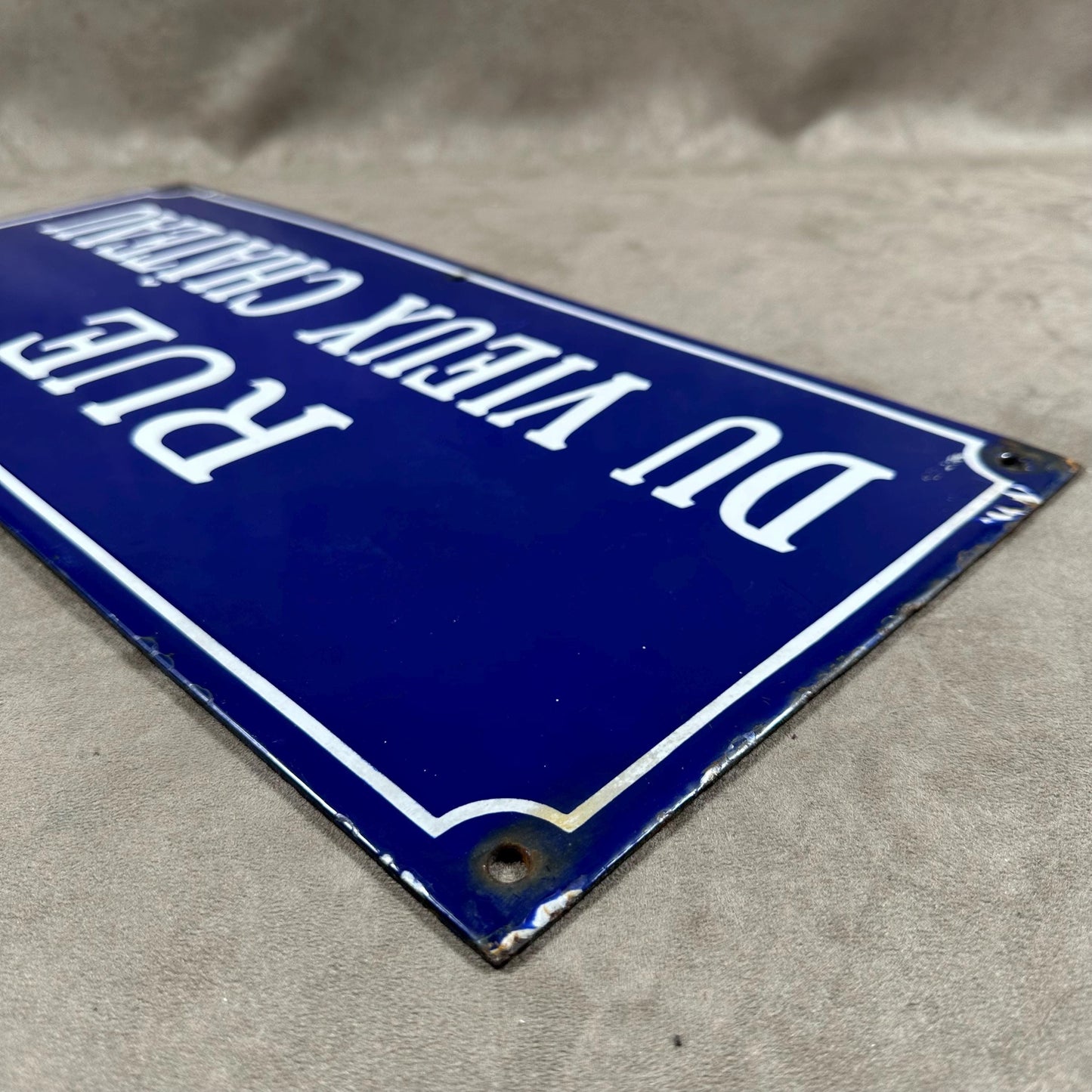 VERY RARE Vintage French town street sign "Rue du Vieux Château" in blue enameled sheet metal. Made in France 1900