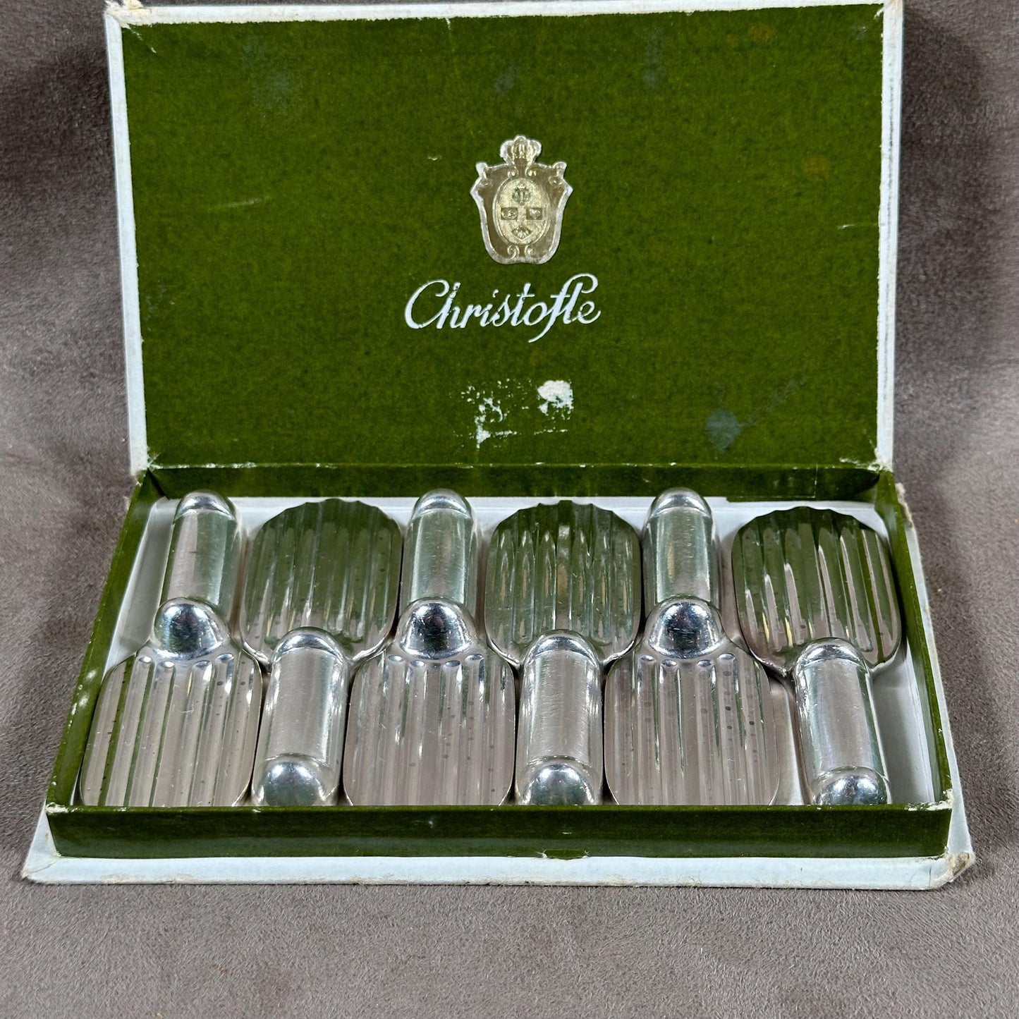 RARE 6 porte couteaux métal argenté forme Raquette orfèvre Christofle modèle Ondulations Luc Lanel French silver-plated knife rests