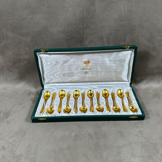 RARE Set of 12 small CHRISTOFLE spoons, Vendôme model, in gold-plated metal in a box Made in France