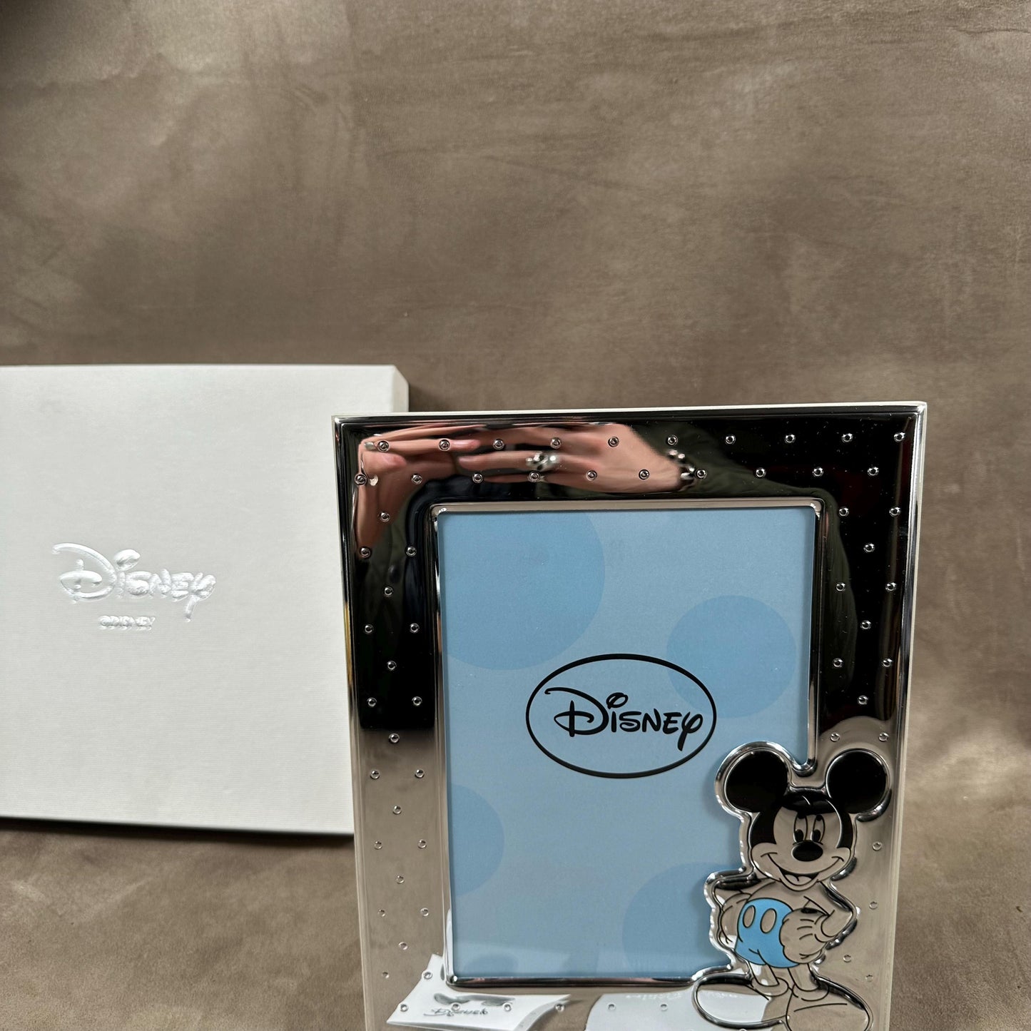 Disney glass and silver metal photo frame with Mickey decoration in original case and box 2000s