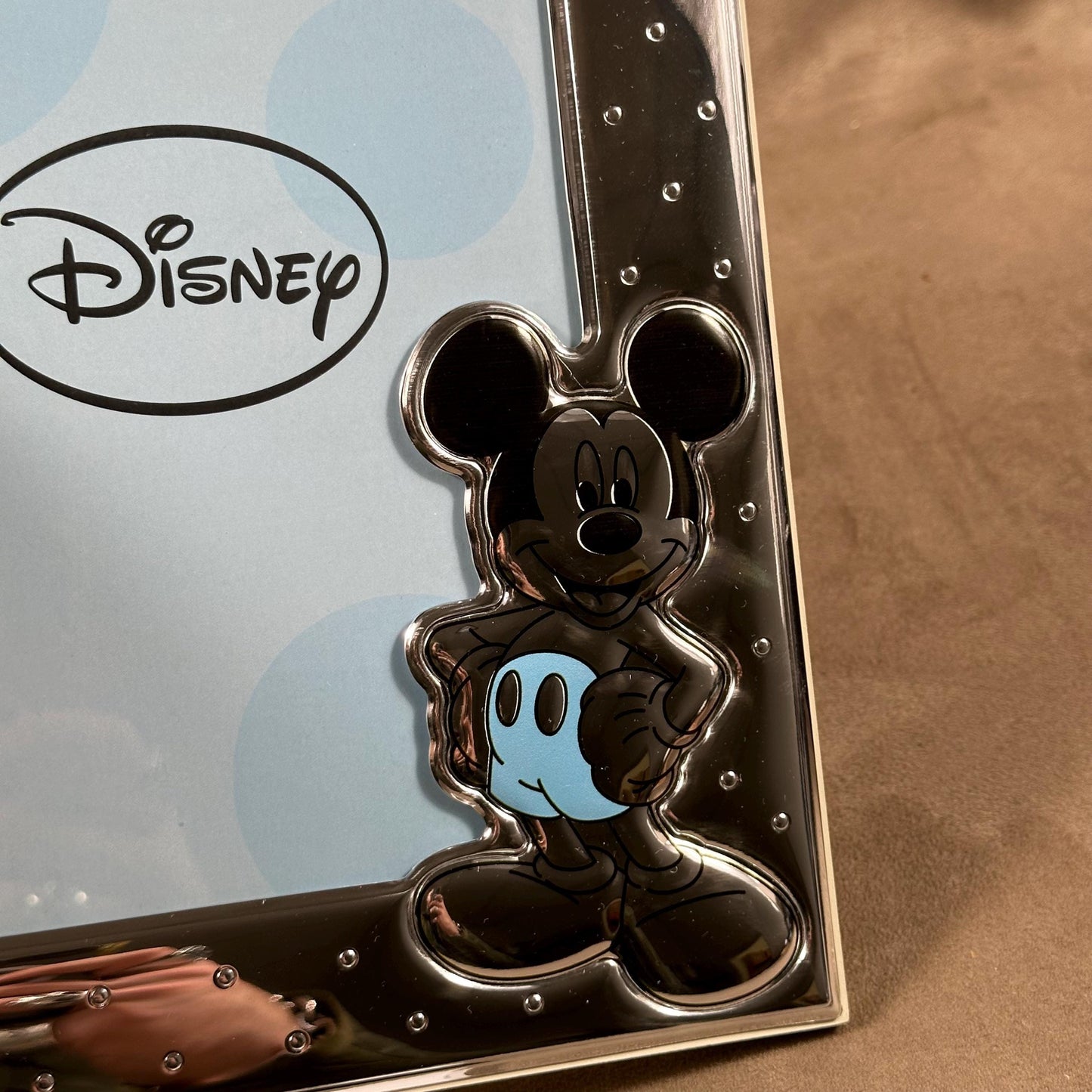 Disney glass and silver metal photo frame with Mickey decoration in original case and box 2000s