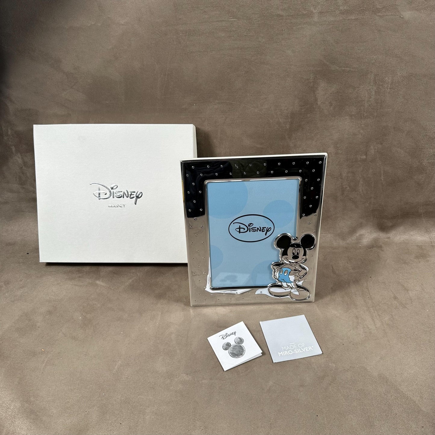 Disney glass and silver metal photo frame with Mickey decoration in original case and box 2000s