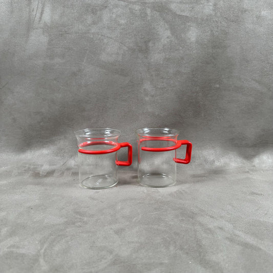 Set of 2 BODUM glass cups with red plastic rim Made in France 1990