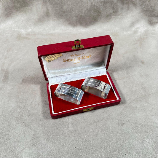 Set of 2 Saint Medard napkin rings in silver metal Monsieur Madame vintage couple romantic wedding gift 1900