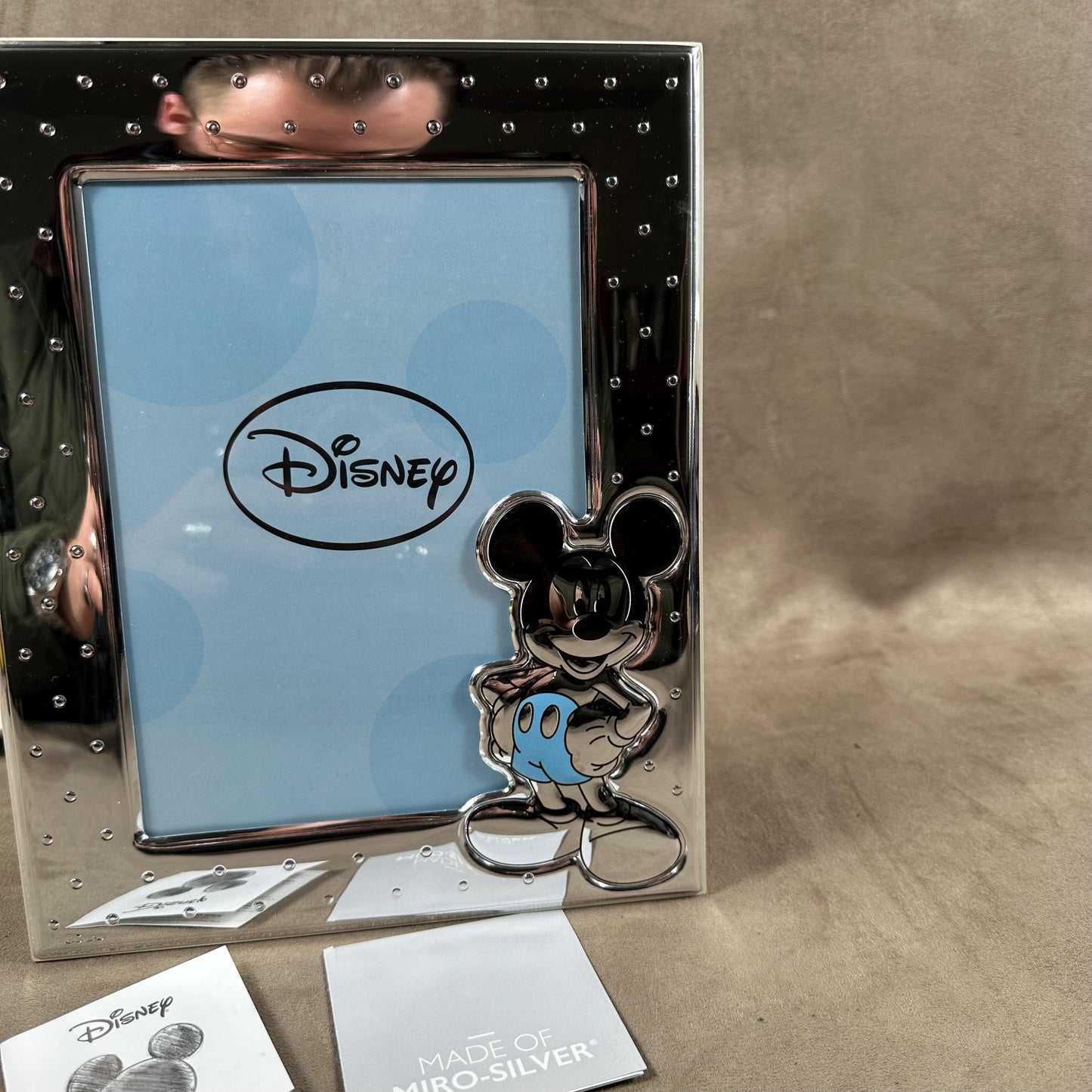 Disney glass and silver metal photo frame with Mickey decoration in original case and box 2000s