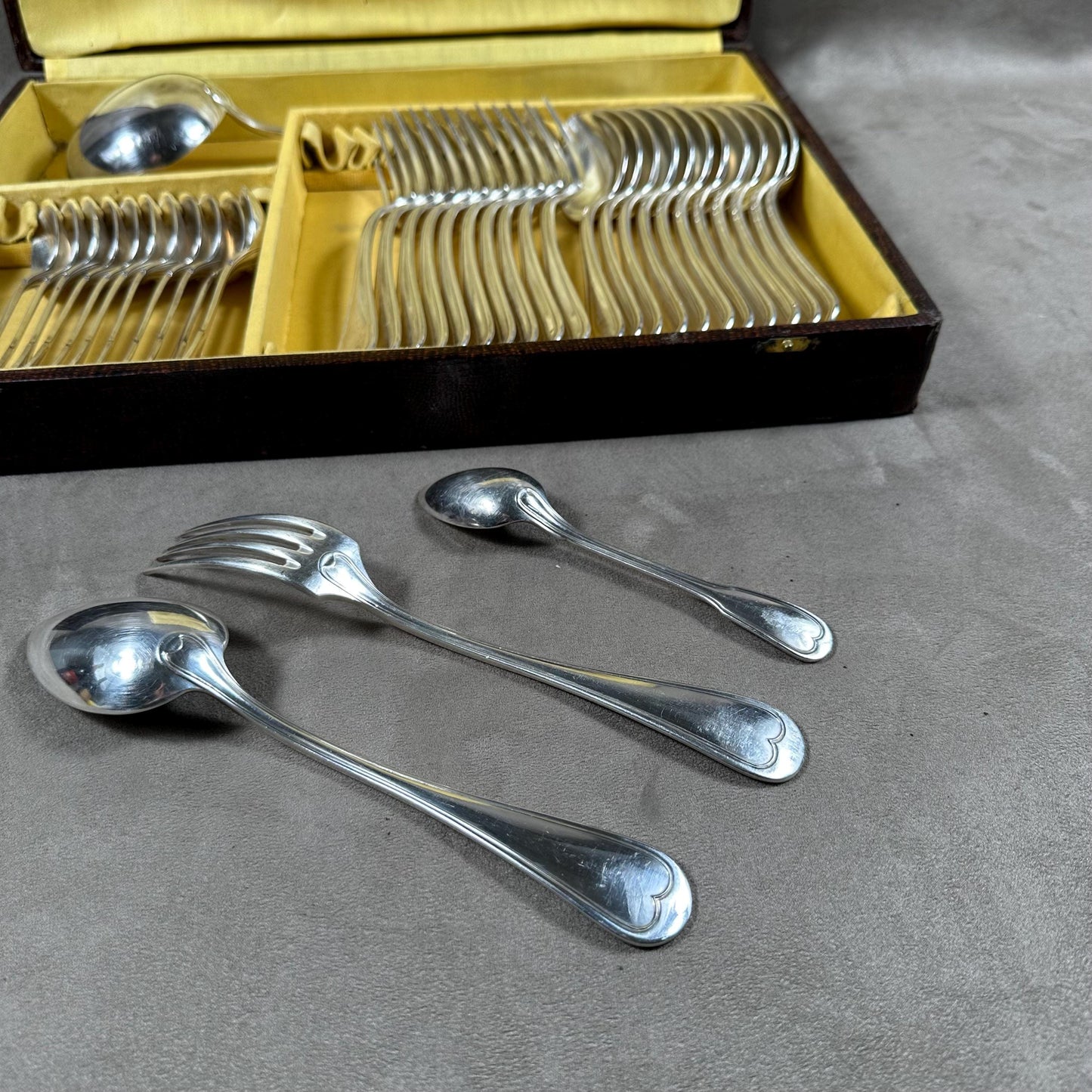 RARE Magnificent 36-piece silver-plated Apollo cutlery set by Christofle vintage in box with authenticity papers 1950