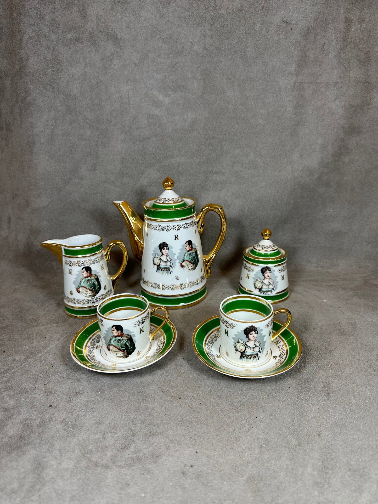 RARE Napoleon and Josephine coffee service for 2 people in Limoges porcelain Made in France vintage 1950