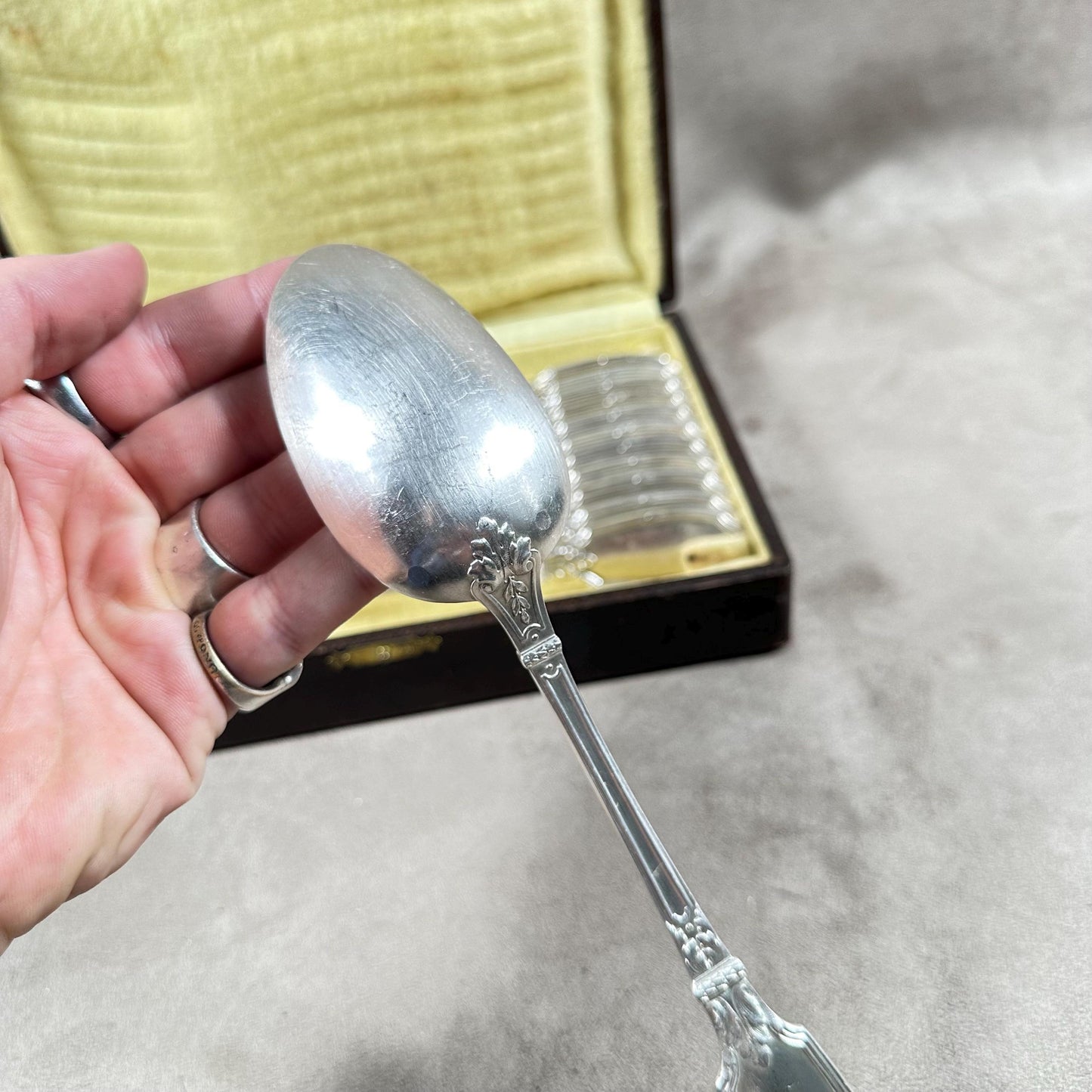 RARE Set of 12 magnificent Ravinet et Compagnie soup spoons in silver plated metal in box Made in France 1912