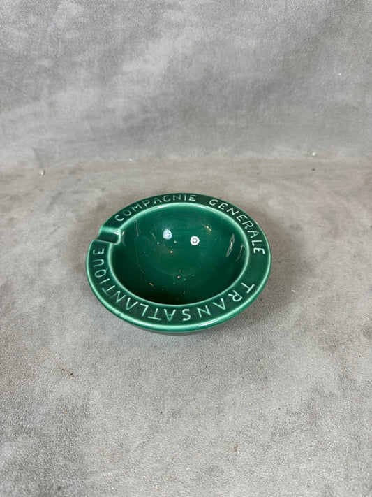 Vintage ashtray Compagnie Générale Transatlantique in green earthenware Made in France