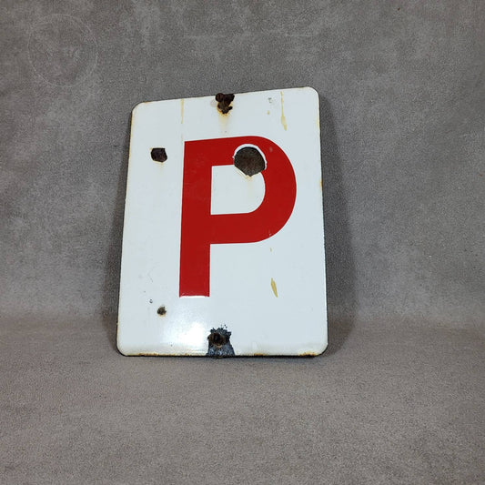 Red and white enamel plate P, Made in France, Vintage 1960