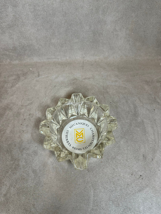 Glass Advertising Ashtray, Verreries Mécaniques Champenoises Reims, Made in France, Vintage 1970